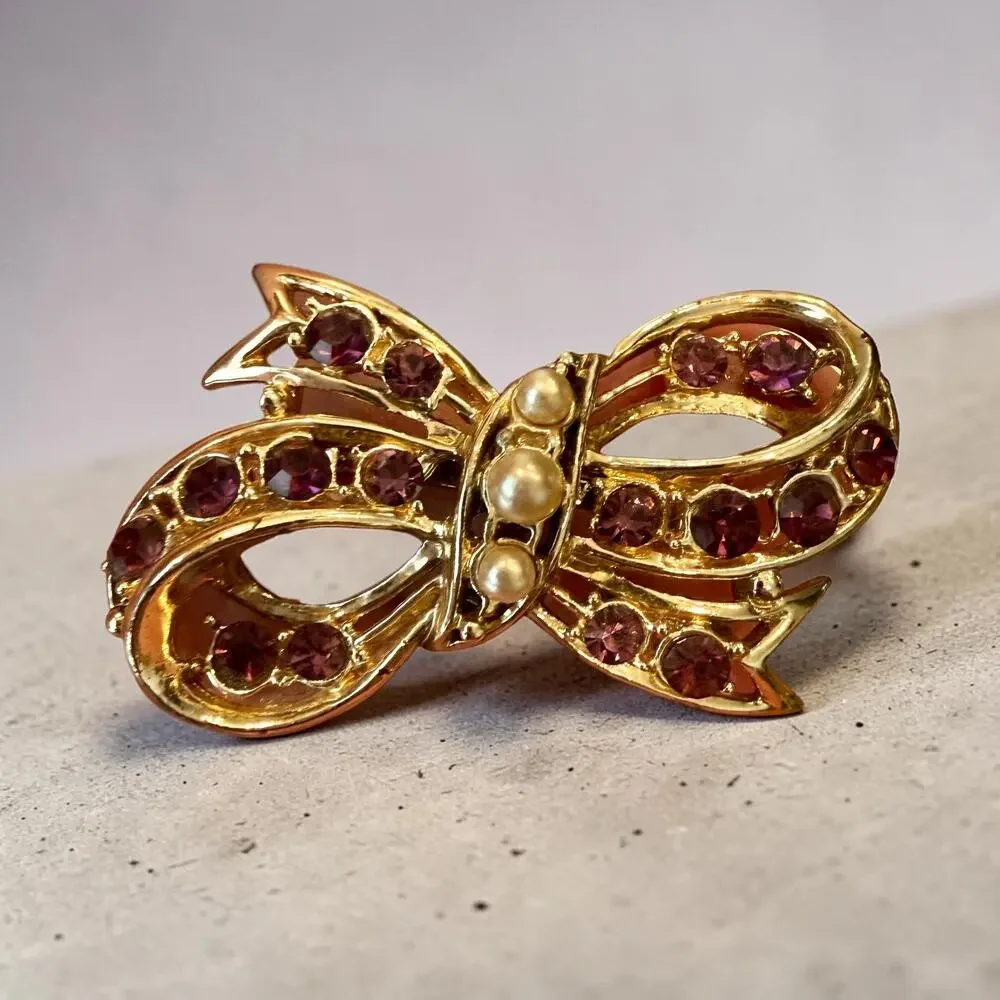 Vintage Purple Rhinestone Crystal Brooch Pin Bow Faux Pearls Feminine